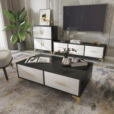 China Three-Piece Set Storage Coffee Table TV Cabinet Locker Living Room Furniture Set Black And White High Gloss Light Luxury for sale