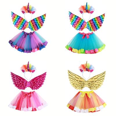 China CM027 Girls Halloween Party Set Eco-Friendly Unicorn Headband Rainbow Tutu Skirt and Angel Wing Costume for Princess Birthday Party Cosplay for sale