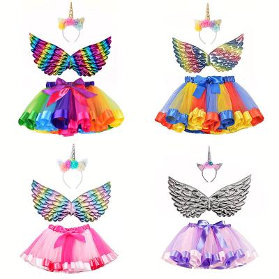 China CM025 Girls Unicorn Costume Rainbow Layered Tutu Breathable Skirt with Fairy Wings Unicorn Horn Headband Bows for Princess Halloween Party for sale