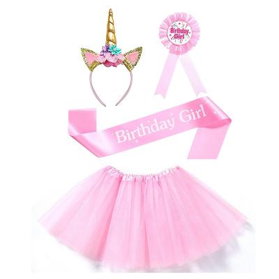 China CM104 Kid's Party Costume Breathable Unicorn Headband Birthday Sash Pins Tulle Tutu Skirt Set For Princess Girls Birthday Dress for sale