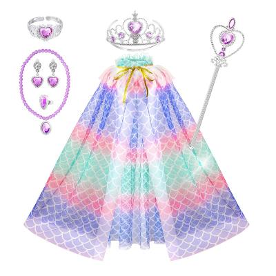 China Princess Mermaid Cape Girls Cloak Tiara Crown Magic Wand Jewelry CM044 Crown Wand Necklace Earrings Ring Bracelet Set for Kids Party Costume for sale