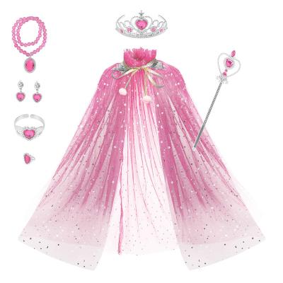 China CM048 Kid's Breathable Halloween Girls Costume Princess Magic Wand Crown Necklace Jewelry Cloak Set For Birthday Dress Up Cosplay for sale