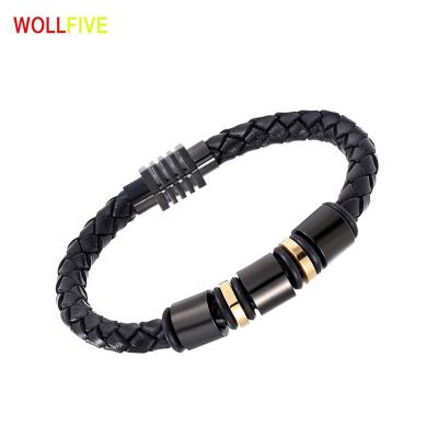 China Fashionable Wholesale Leather Braided Bracelets Stainless Steel Jewelry Magnetic Buckle Men's Genuine Bracelet for sale