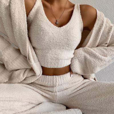 China Casual Women's Fashion Plush Sweater V-Neckline Cropped Belly Button Tank Top Vest Pants Suit Two-Piece Female for sale