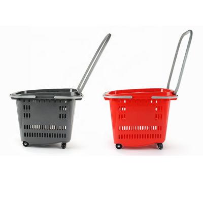 China 100% Wholesale New PP Roller Shopping Trolley Plastic Basket With Wheels In Supermarket for sale