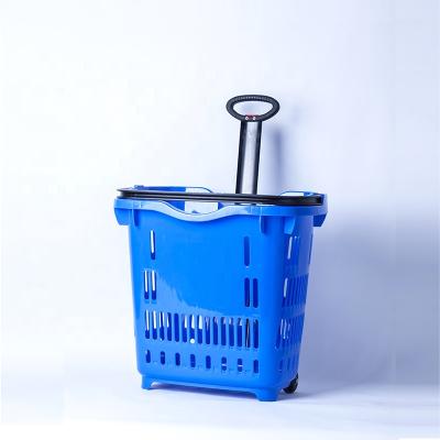 China Unfolding Plastic Rolling 40L Supermarket Shopping Basket With Wheels for sale