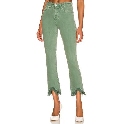 China Waterproof Women's Jeans Creative Wash Green High Waist Fringed Flared Padded Jeans Street New Style for sale