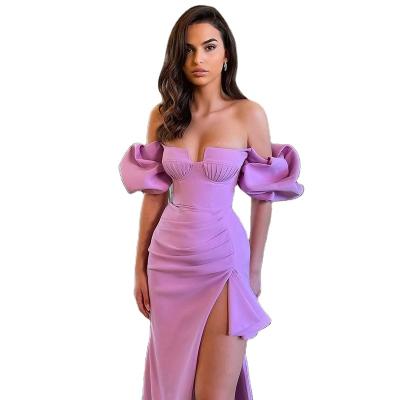 China Violet Off Shoulder Bandage Dress sexy anti-static 2022 new summer women fashion bodycon puff sleeve split dress club party outfits for sale