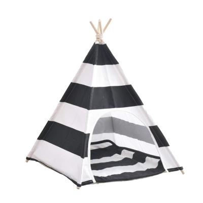 China Breathable Indoor Waterproof Black 4 Pole Canvas Pet Cat Dog Stripe White Pet Teepee Tent Indoor Breathable House for sale