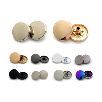 China Washable custom zinc alloy material plated color round four part metal engraved spring snap button flat empty push buttons for clothes for sale