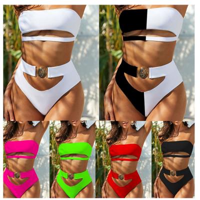 China M2043-2021 new arrivals solid color patchwork breathable strapless bikini sets women swimsuit set for sale