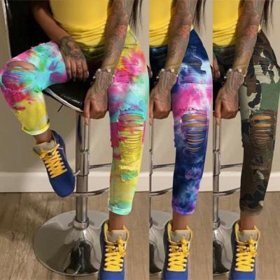 China 2020 Breathable Fashionable Women Jeans Pants Tie Dye Print Ripped Lady Distressed Denim Pants for sale