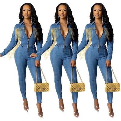 China 2020 hot popular Anti-wrinkle tassels romper fashion design hipster casual jeans jumpsuit for women clothing for sale