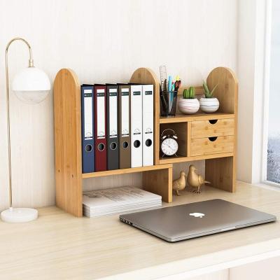 China Customized Adjustable Shelf Worktop Bamboo Office Bookcase With 2 Drawers for sale