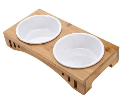 China Double Pet Bowl Sustainable Raised Bamboo Dog Cat Pet Feeder High Ceramic Bowl For Raised Feeding Bowl And Water Feeder for sale