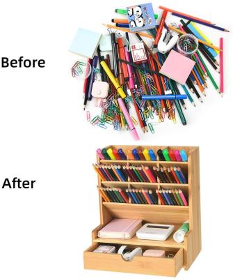 China Customized Bamboo Pen Holder with 10 Compartments+Drawer, Pen Organizer for Desk, Stationary Storage for Colored Pencil and Markers. for sale