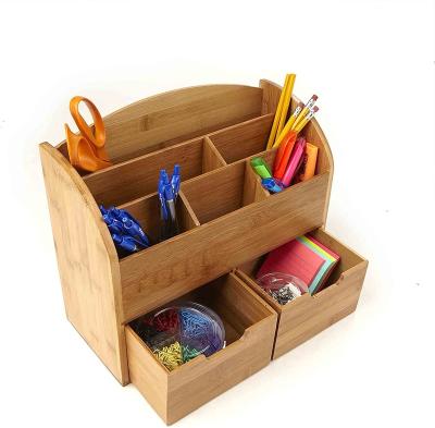 China Customized Bamboo Office Supplies Organizer 6 Compartments With 2 Drawers For Home Office for sale