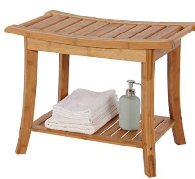 China Sustainable Bamboo Shower Bench Shower Stool With Shelf - Wooden 2-Tier Bathroom And Shoe Organizer With Storage Shelf for sale