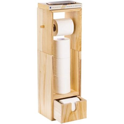 China Sustainable Bamboo Toilet Paper Holder, Wooden Holder And Bathroom Toilet Paper Roll Holder Dispenser With Storage for sale