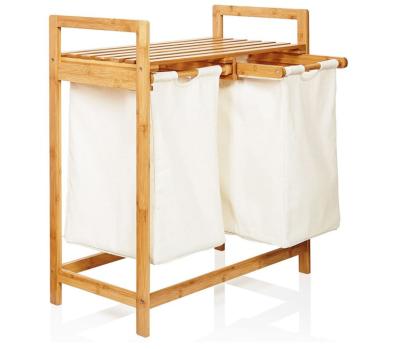 China Traditional Bamboo Laundry Hamper with 2 Expandable Laundry Bags, Hamper Basket with 2X Pull-Out Compartments for sale