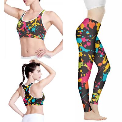 China Breathable Painting Graffiti Print Women Yoga Gym Sets Sports Fitness Sportswear Short Shirt Bra Yoga Pants Sports Fitness Yoga Running Wear for sale