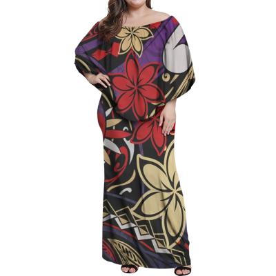 China Viable Off The Shoulder Dress Maxi Flower With Turtles Purple Color Dress Custom Design Ruffle Wedding Dress For Ladies Polynesian Tribal for sale