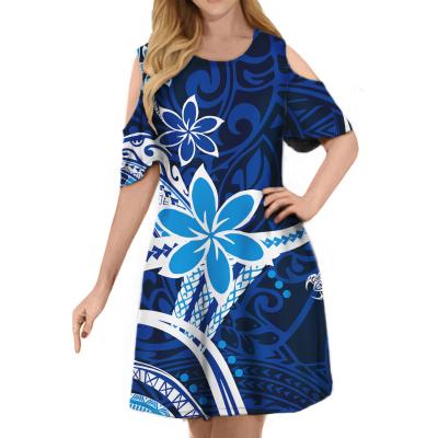 China Viable Chill Vintage Tapa Blue Hawaiian Samoan Tunic Dress Tribal Jungle Design Dresses Women Half Sleeve Midi Party Dress for sale