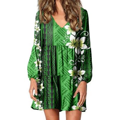 China Lantern Sleeve Anti-Wrinkle Dresses Green Lady Large Casual Formal Polynesian Traditional Tribal Plumeria Style Ladies Islands Dress for sale