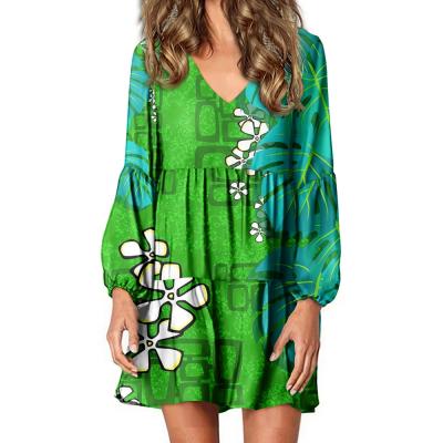 China Anti-wrinkle Lantern Sleeve Dresses Tiki Monstera Leaf And Green Bottom Design Lady Evening Women Fashion Polynesian Tribal Loose Clothing for sale