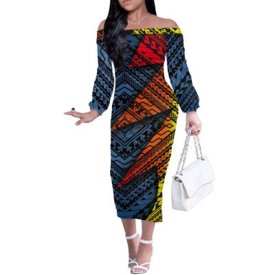 China wholesale China Anti-Wrinkle Off Shoulder Dress Blue Gradient Triangle Print Polynesian Tribal Casual Dress For Women Custom Made Plus Size Dress for sale