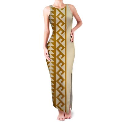 China Anti-wrinkle Moq 1 Maori Tattoo Yellow Style Ladies Polynesian Maxi High Slit Long Dress Cutomized Bodycon casual female dresses womens dresses for sale