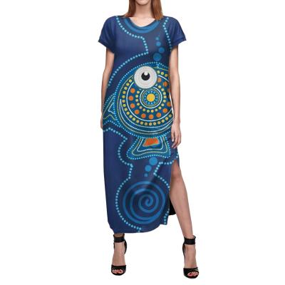 China Breathable Luxury Design Classy Royal Blue Female Split Dress Customized Tortoise Pattern Women Shortsleeve Native Customized Dress for sale