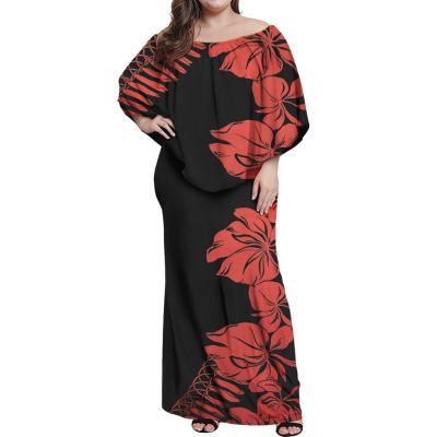 China Anti-wrinkle design black hibiscus print women polynesian tribal red tendril off the shoulder female dress off-the-shoulder long dress ethnic style for sale