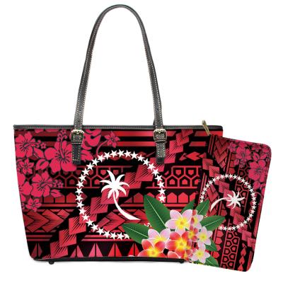 China PU Leather Handles To Carry And Stand Lady Bags Trendy Polynesia Hawaii 2021 Mental Flower Printed Wallet Set 2Pcs Women PU Leather Handbags And Tote Purse Wholesale for sale