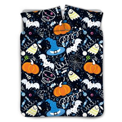 China Anti-Static Blue Hat Bat Halloween Pumpkin Pattern Printing Bedding Set 1 Duvet Cover And 2 Pillow Cases Customized Wholesale Bedding Set for sale