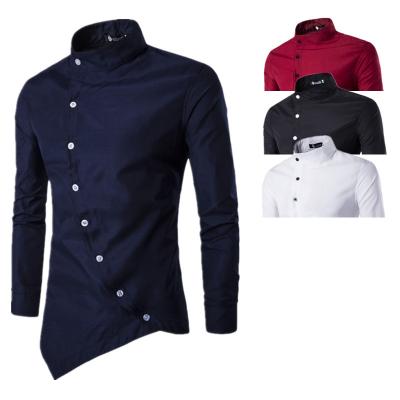 China Anti-pilling Men's New Style Tilted Design Front Shirt Sleeve Stand Collar Button Long Solid Color Casual Shirt for sale