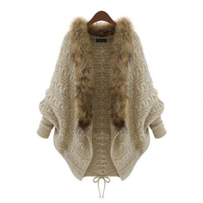 China New Fashion Women Style Anti-shrink European Style Fur Collar Bat Sleeve Knitted Cardigan Shawl Coat Winter Sweater for sale