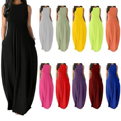 China Newest Design Anti-Static V-Neck Suspender Strap Loose Pockets Solid Color Ladies Long Dress Women Fashion Casual Maxi Dresses for sale