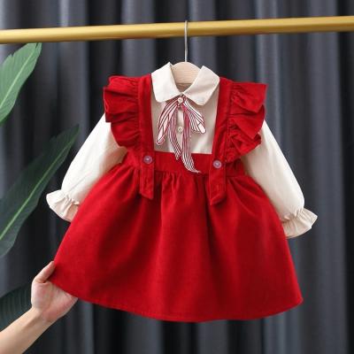 China Infant Princess Dress Newborn Clothes Spring Baby Party Casual Shirt Autumn Baby Girls Long Sleeve + Strap Two-Piece Dress for sale