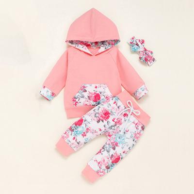 China New Autumn Winter Long Sleeve Sweatshirt Tops+Long Casual Newborn Infant Hooded Floral Pants Babies Clothes Sets 3PCS for sale