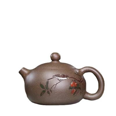 China Stocked Hot Selling Traditional Chinese Yixing Clay Purple Teapot With Bird And Flower Pattern for sale