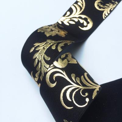 China Elastic Printed Elastic Band Printing Gold Foil Shiny Nylon Spandex Elastic LOGO Webbing for sale