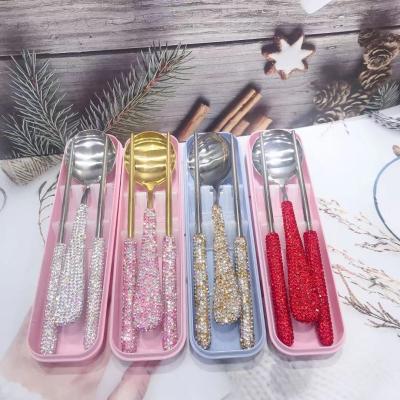 China 2021 New Diamond Rhinestone Stainless Steel Chopsticks Stocked Spoon Luxury Cutlery Set Tableware For Girl Women for sale