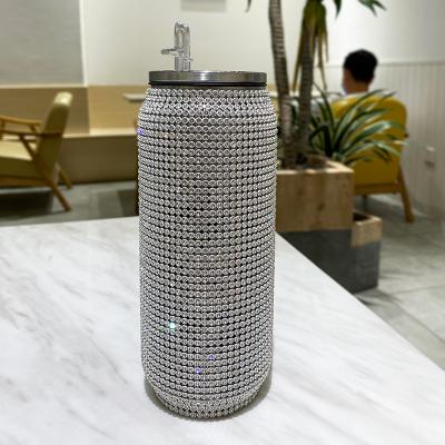 China New 500ml PORTABLE Glass Rhinestone Can Cola 304 Stainless Steel Vacuum Tumbler Cup With Straw Lid for sale