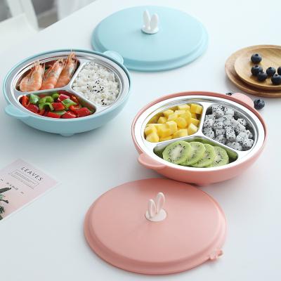 China Children Separated Stainless Steel Food Dish Cartoon Pink Kids Lunch Box Cute Blue Student Dinner Plate High Quality Meterial for sale