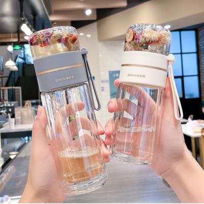 China Viable Wholesale Outdoor Portable Glass Gift Custom Logo Cup Handle 400/450ml Double Layer Water Bottle for sale