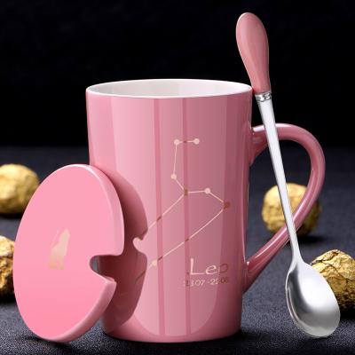 China Constellation 420ml High Quality Creative Sustainable Coffee Mug Pink Ceramic Spoon With Lid Office Home Drink Milk Water Cup Custom for sale