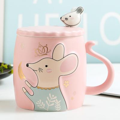 China New Viable Creative 400ml Cartoon Cute Mouse Embossed Ceramic Mug With Spoon Lid Student Couple Coffee Milk Water Cup Gift Custom Logo for sale