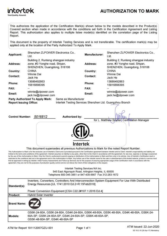 ETL - Shenzhen Zlpower Electronics Co., Ltd.