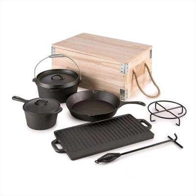 China BBQ Heavy Duty Outdoor Camping Pre-Seasoned Sustainable 7 Piece Cast Iron Cooking Dutch Cookware Oven Pot Set 7 Pcs With Wooden Box for sale